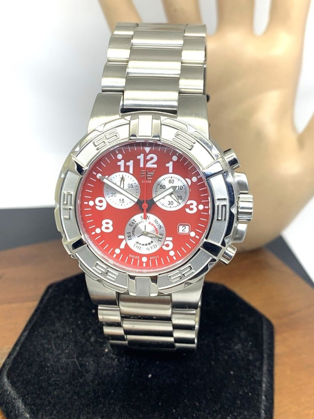 32 Degrees Men's Watch Swiss Quartz Chronograph Red Dial Day Date Steel 43mm